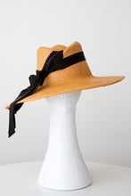 Load image into Gallery viewer,  Wide brimmed Tan Summer Sun Hat with  BlackTies. Hat is adjustable