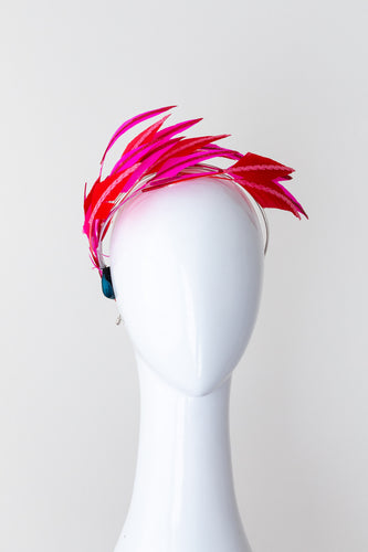 feather headband in hot pink and red