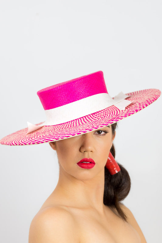 WILLOW-Hot pink and cream herringbone panama boater 