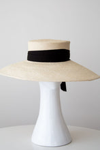 Load image into Gallery viewer, Wide brimmed cream panama sunhat with black ribbon ties