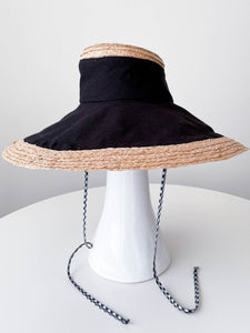 Wide Brimmed Canvas and Raffia Sun Hat: Black and Gingham by Felicity Northeast Millinery
