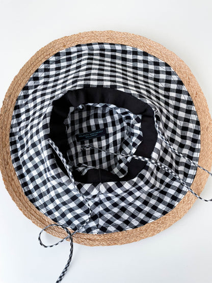 Wide Brimmed Canvas and Raffia Sun Hat: Black and Gingham by Felicity Northeast Millinery