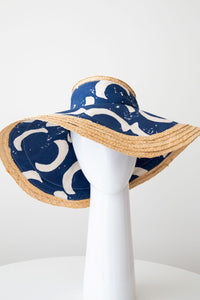 Wide brimmed raffia and blue canvas sunhat