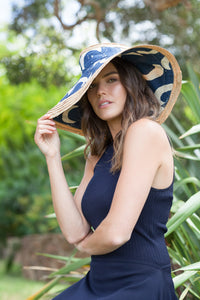 Wide Brimmed  Blue and natural Canvas and Raffia Sun Hat by Felicity Northeast Millinery 