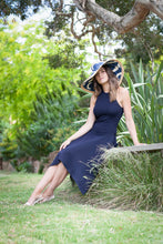 Load image into Gallery viewer, Wide Brimmed blue and natural Canvas and Raffia Sun Hat by Felicity Northeast Millinery 