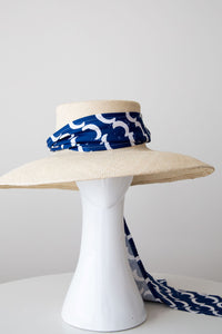 Cream panama adjustable sunhat with organic blue scarf