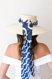 Cream panama adjustable sunhat with organic blue scarf, back view
