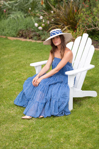 Wide Brimmed Dior Style Sun Hat with  Blue Moon organic Scarf by Felicity Northeast Millinery 