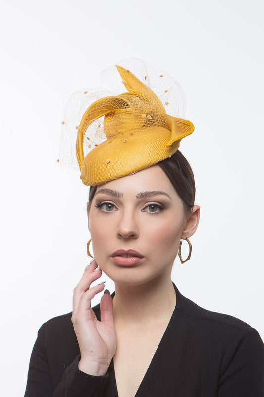 Yellow Cocktail Hat with Pleated Straw Bow and Veiling By Felicity Northeast Millinery