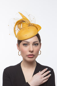 Yellow Cocktail Hat with Pleated Straw Bow and Veiling By Felicity Northeast Millinery