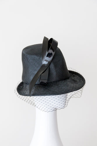 ZARA-Black asymmetrical tall hat with veiling and patent bow