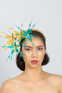 Mustard and Sky Blue Feather Flower Headpiece on headband