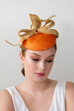Load image into Gallery viewer, Orange Button Hat with Natural Straw Braid Bow By Felicity Northeast Millinery