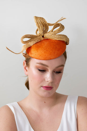 Orange Button Hat with Natural Straw Braid Bow By Felicity Northeast Millinery