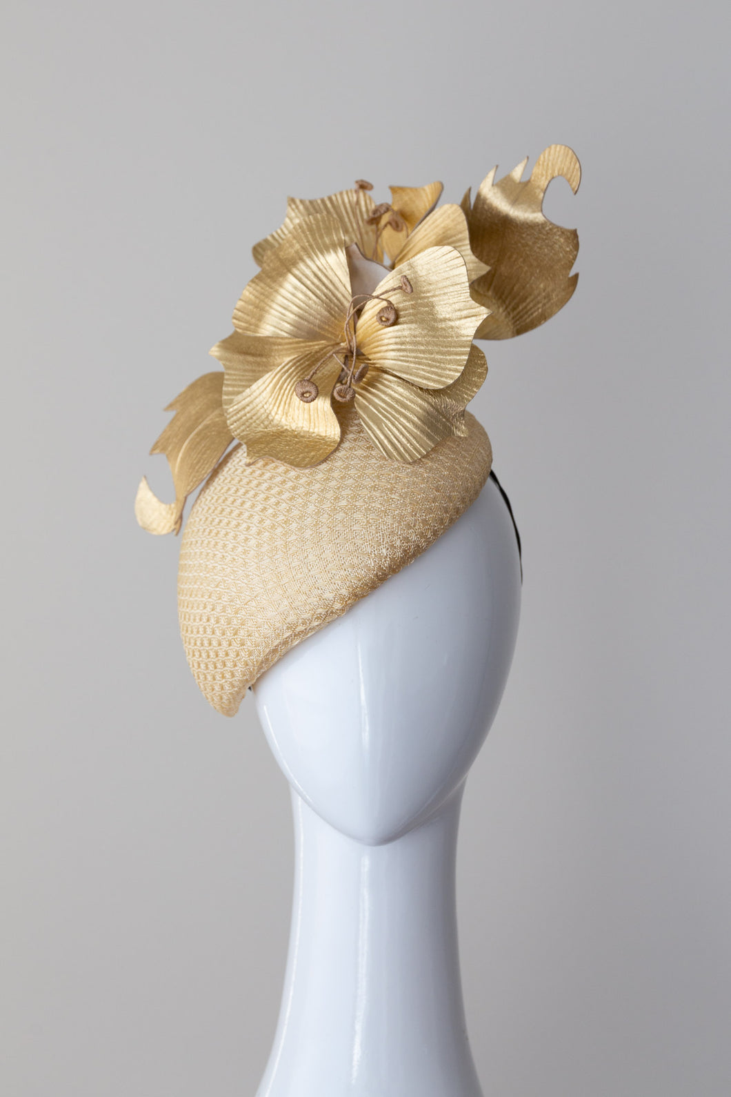 Gold Tear Drop Beret with Leather Flowers by Felicity Northeast Millinery