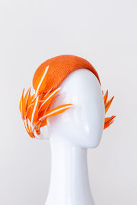 Oran Orange bandeau with sweeping back feathers by Felicity Northeast Millinery