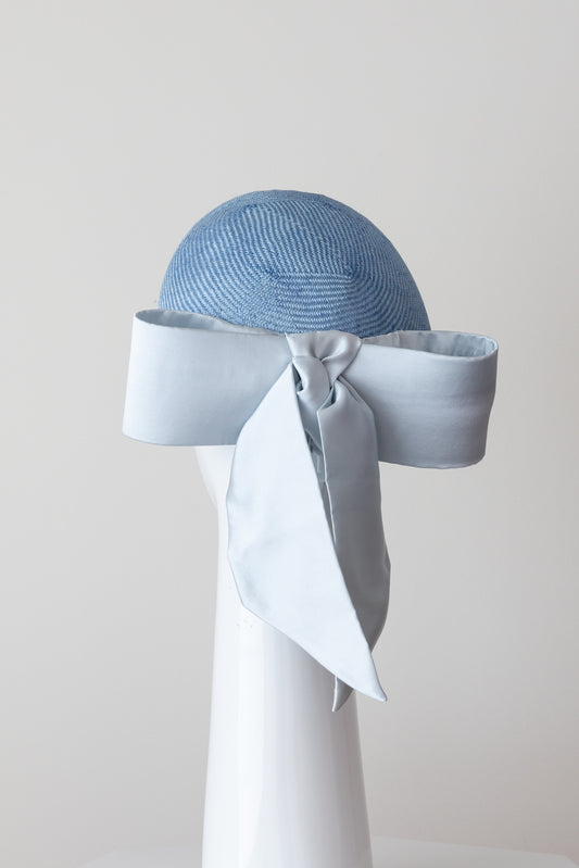 Baby blue pillbox with silk bow, back view
