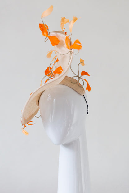 Sweeping Natural Platter with Orange Feathered Bows by Felicity Northeast Milliner