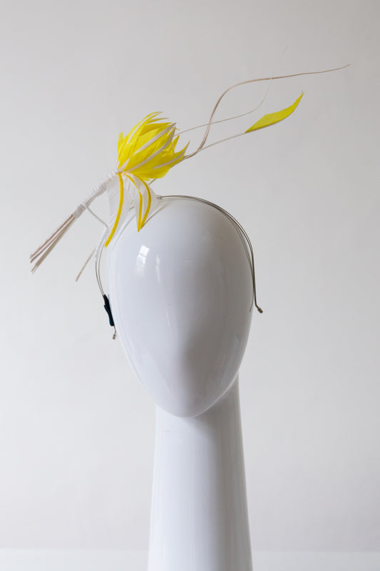 Floating feather  flower headpiece in yellow and white