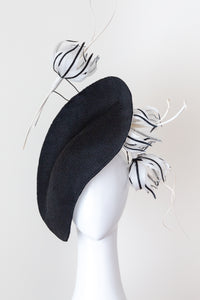  MAGPIE LARK-Black and white platter hat with feather trim