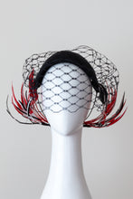 Load image into Gallery viewer, Wide Black Headband with Sweeping Back Feathers -Black, red and white veiled headband with back feather details by Felicity Northeast Millinery